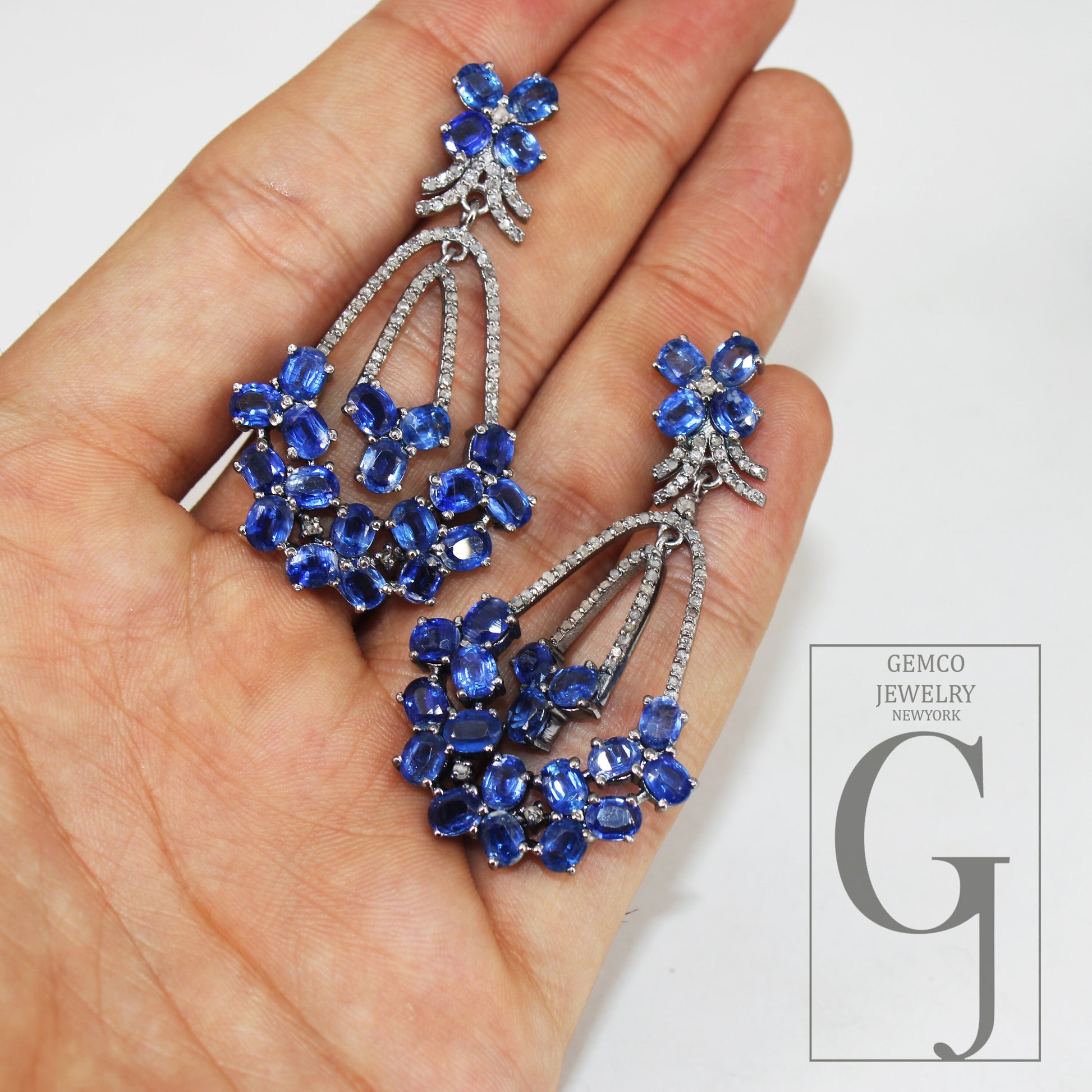 Natural Blue Kyanite Stone With Rosecut Diamond Pave Setting Diamond Earring Designer Sterling Silver Oxidized Earring