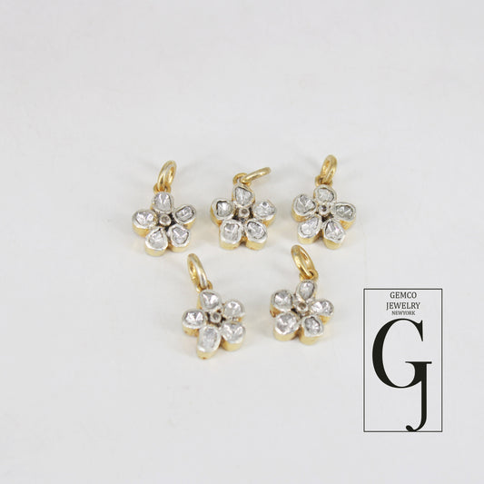 14k Gold Finish Slice Diamond Flower Pendant Rosecut Pave Diamond Pendant 925 Sterling Silver Handmade Finish Diamond Charm Necklace Pendant