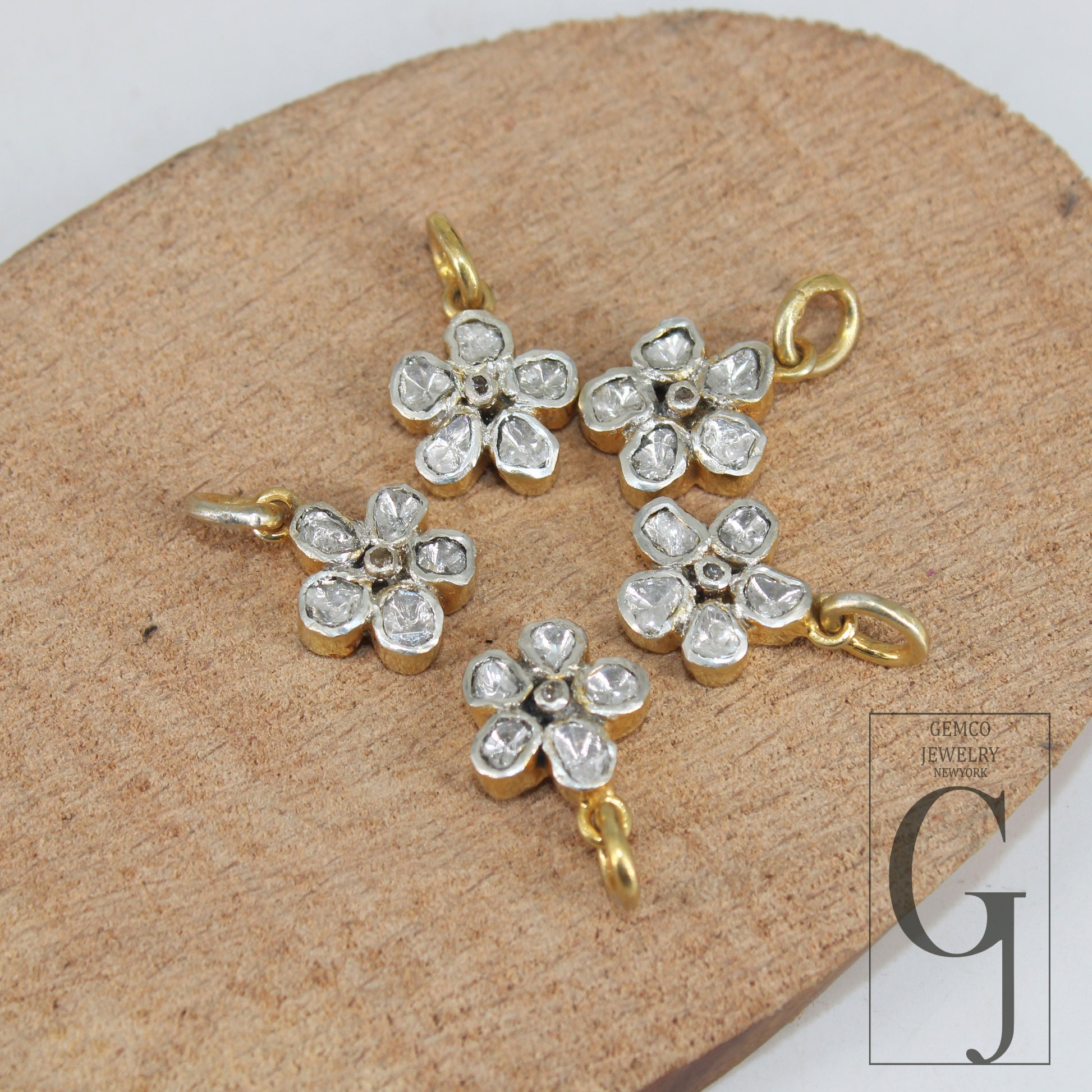 14k Gold Finish Slice Diamond Flower Pendant Rosecut Pave Diamond Pendant 925 Sterling Silver Handmade Finish Diamond Charm Necklace Pendant
