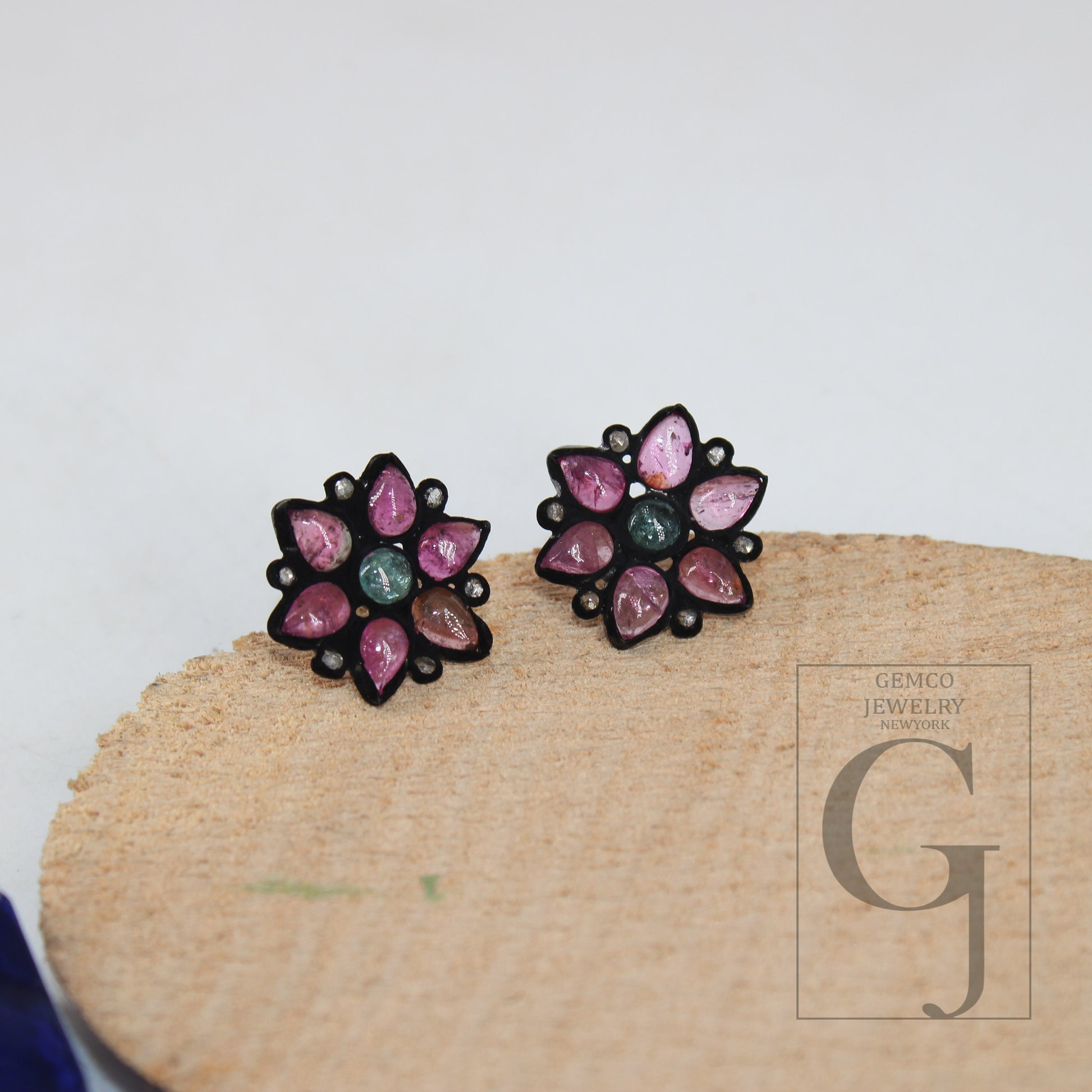 Flower design tourmaline earring Pave rosecut diamond 925 sterling silver handmade beautiful studs latest design diamond pave stud earrings