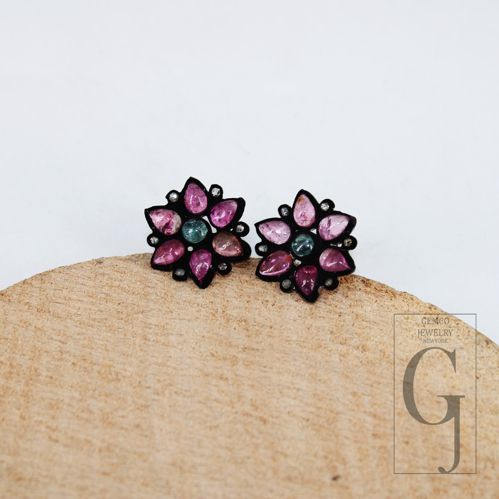 Flower design tourmaline earring Pave rosecut diamond 925 sterling silver handmade beautiful studs latest design diamond pave stud earrings