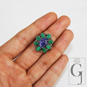 Oxidized finish look tanzanite emerald ring designer Rosecut pave diamond rings 925 sterling silver handmade silver finish diamond ring