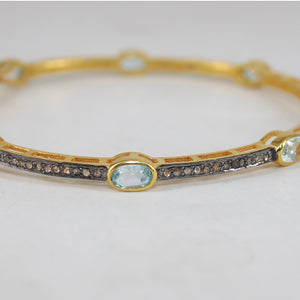 14k Gold Finish Blue Topaz Designer Bangle Rosecut Pave Diamond Bangle Bracelet 925 Sterling Silver Handmade Finish Diamond Bangle Bracelet