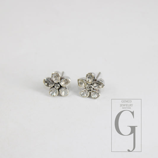 Slice Diamond, Vintage Look Polki Designer Studs Tops Earring Rosecut Pave Diamond Earring Sterling Silver Handmade Gold Look Diamond Earring