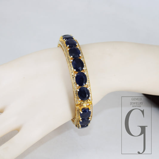 Beautiful 14k Gold Blue Sapphire Bangle Rosecut Pave Diamond Bangle Bracelet 925 Sterling Silver Handmade Finish Diamond Bangle Bracelet