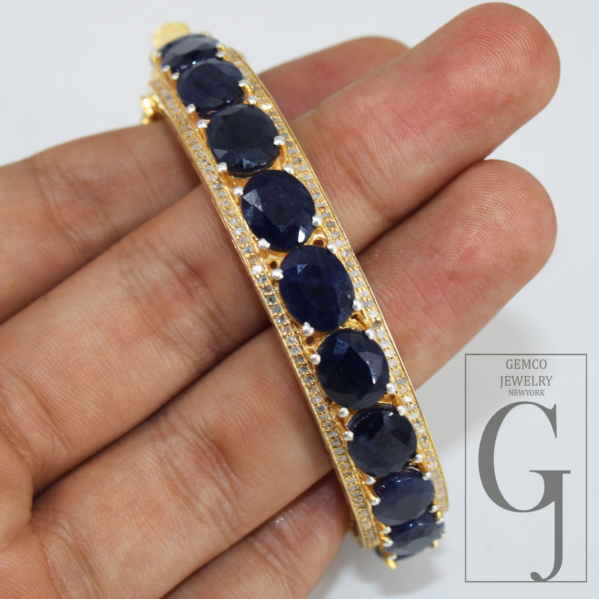 Beautiful 14k gold blue sapphire bangle Rosecut pave diamond bangle bracelet 925 sterling silver handmade finish diamond bangle bracelet