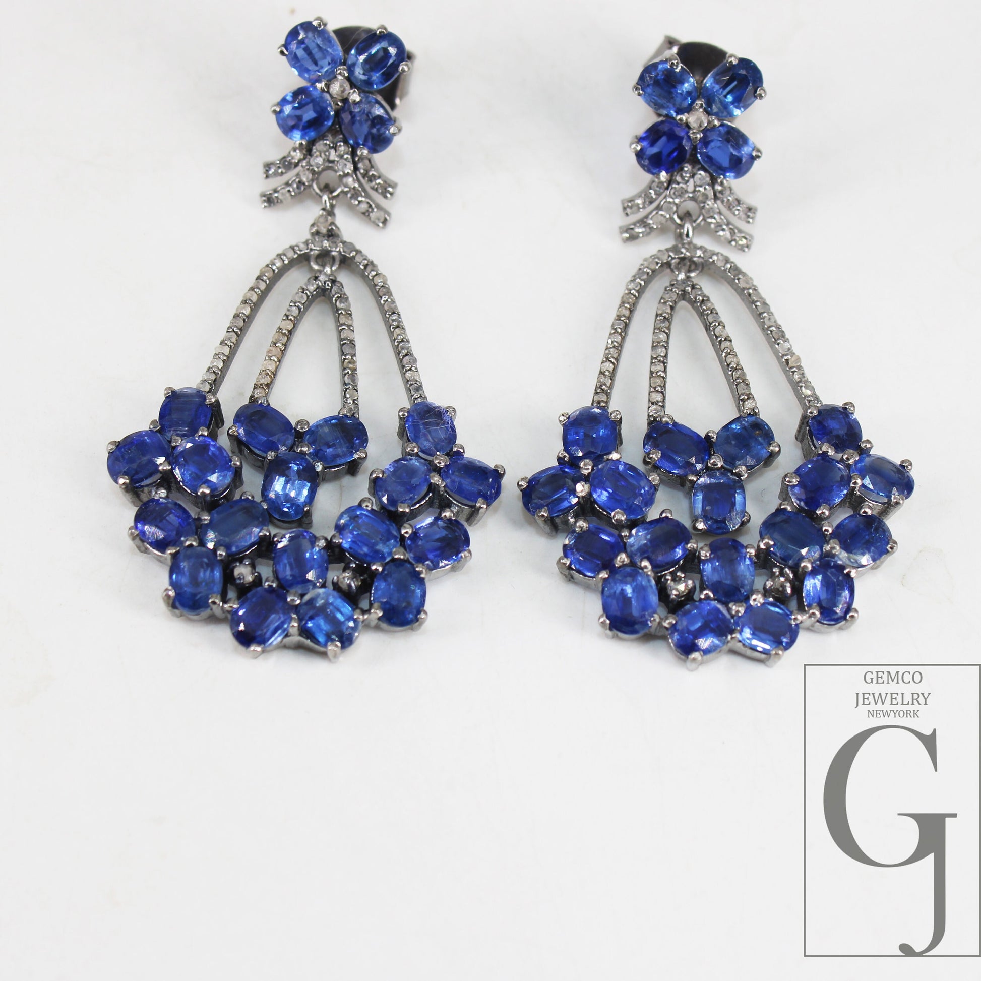 Natural Blue Kyanite Stone With Rosecut Diamond Pave Setting Diamond Earring Designer Sterling Silver Oxidized Earring