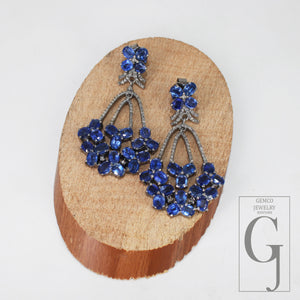 Natural Blue Kyanite Stone With Rosecut Diamond Pave Setting Diamond Earring Designer Sterling Silver Oxidized Earring