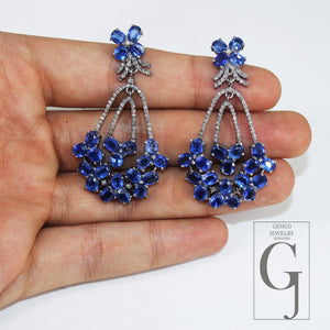 Natural Blue Kyanite Stone With Rosecut Diamond Pave Setting Diamond Earring Designer Sterling Silver Oxidized Earring