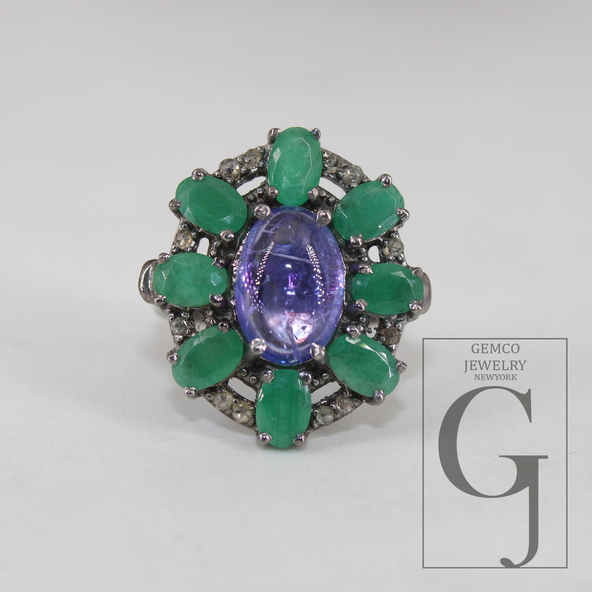 Oxidized finish look tanzanite emerald ring designer Rosecut pave diamond rings 925 sterling silver handmade silver finish diamond ring