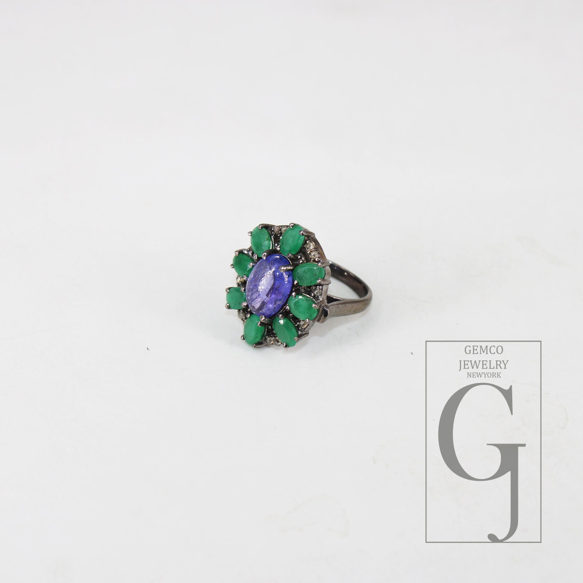 Oxidized finish look tanzanite emerald ring designer Rosecut pave diamond rings 925 sterling silver handmade silver finish diamond ring