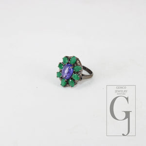 Oxidized finish look tanzanite emerald ring designer Rosecut pave diamond rings 925 sterling silver handmade silver finish diamond ring