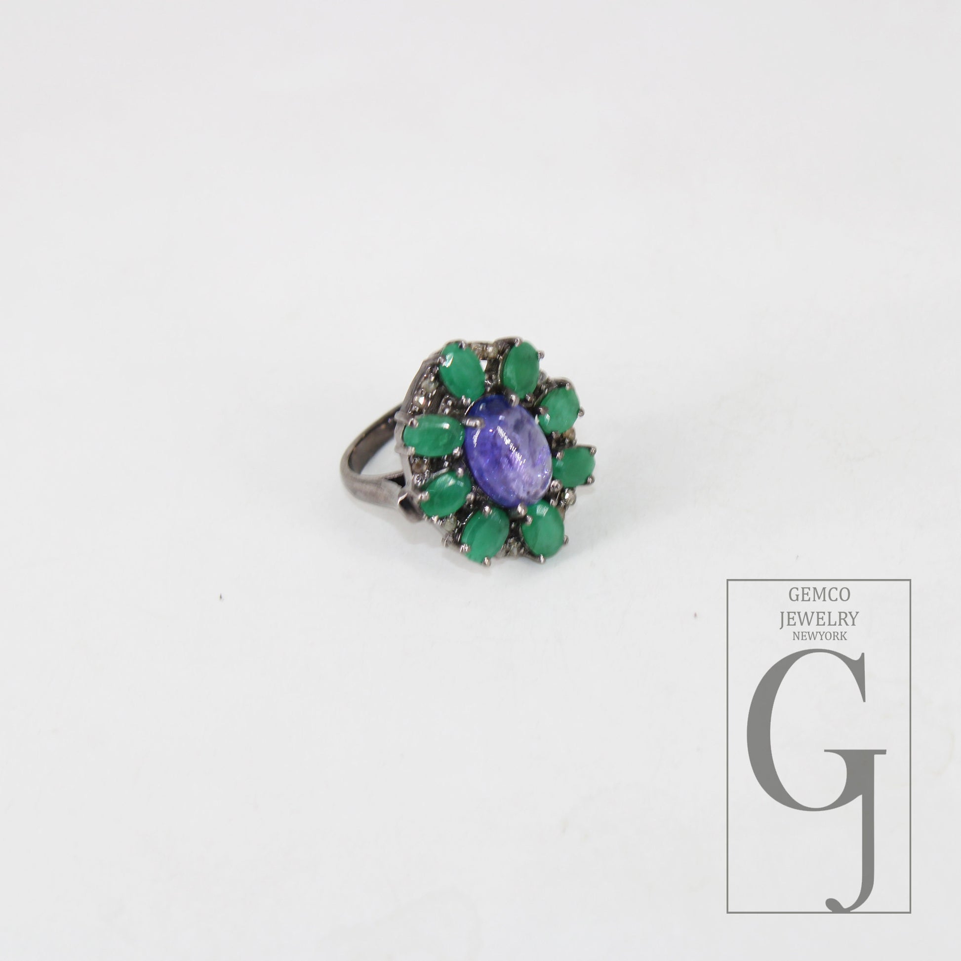 Oxidized finish look tanzanite emerald ring designer Rosecut pave diamond rings 925 sterling silver handmade silver finish diamond ring