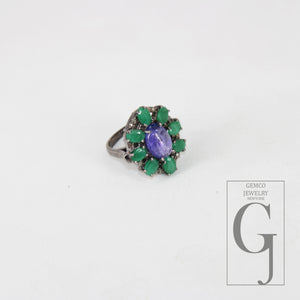 Oxidized finish look tanzanite emerald ring designer Rosecut pave diamond rings 925 sterling silver handmade silver finish diamond ring