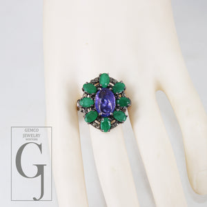 Oxidized finish look tanzanite emerald ring designer Rosecut pave diamond rings 925 sterling silver handmade silver finish diamond ring