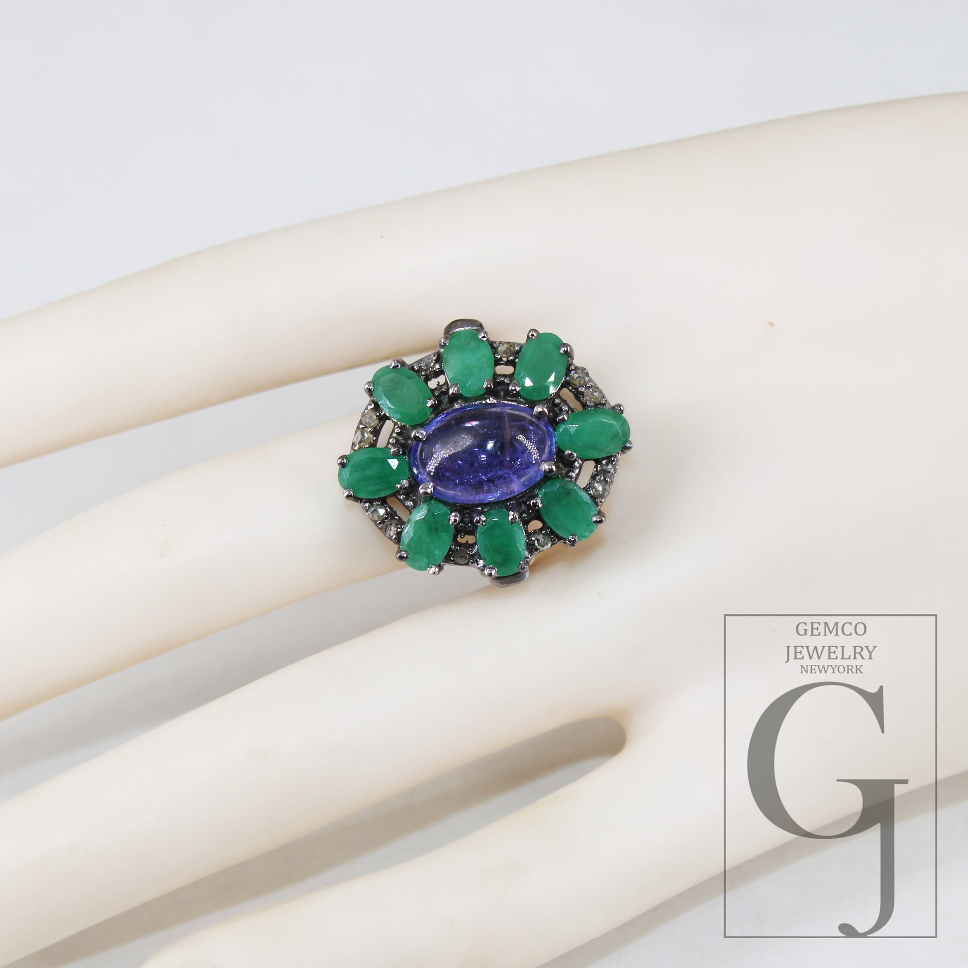 Oxidized finish look tanzanite emerald ring designer Rosecut pave diamond rings 925 sterling silver handmade silver finish diamond ring