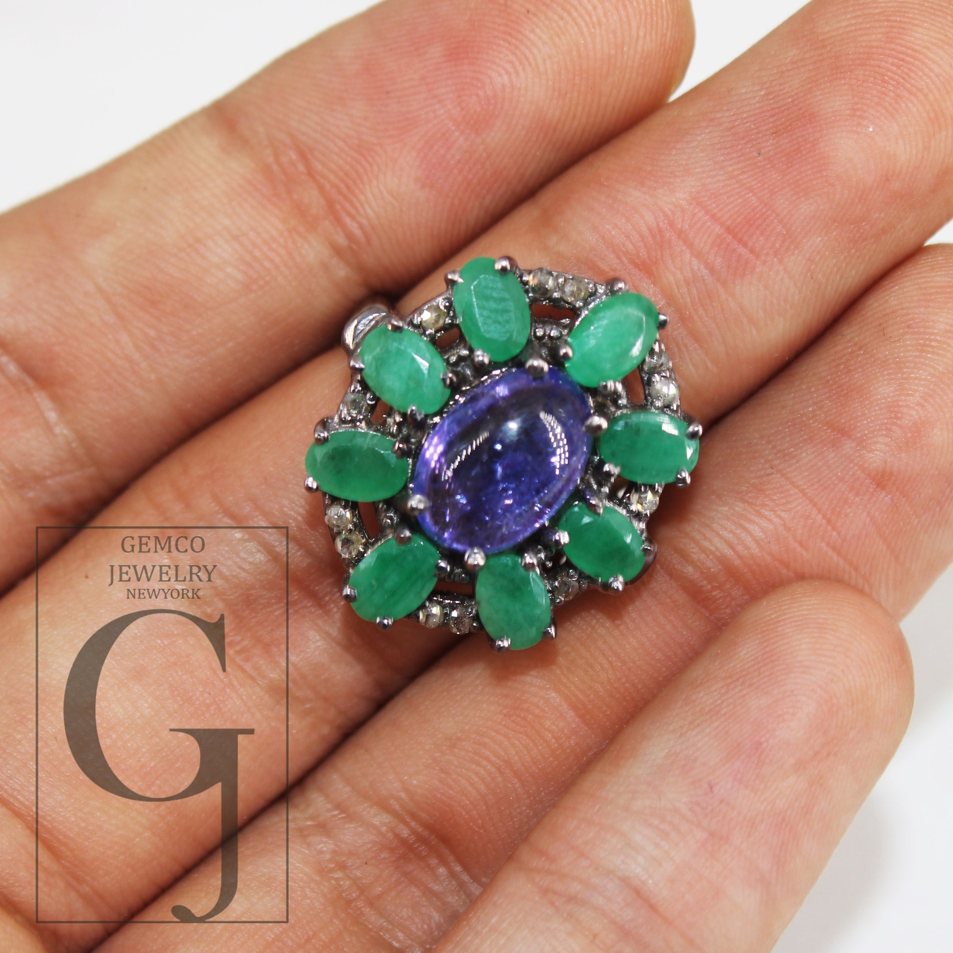 Oxidized finish look tanzanite emerald ring designer Rosecut pave diamond rings 925 sterling silver handmade silver finish diamond ring