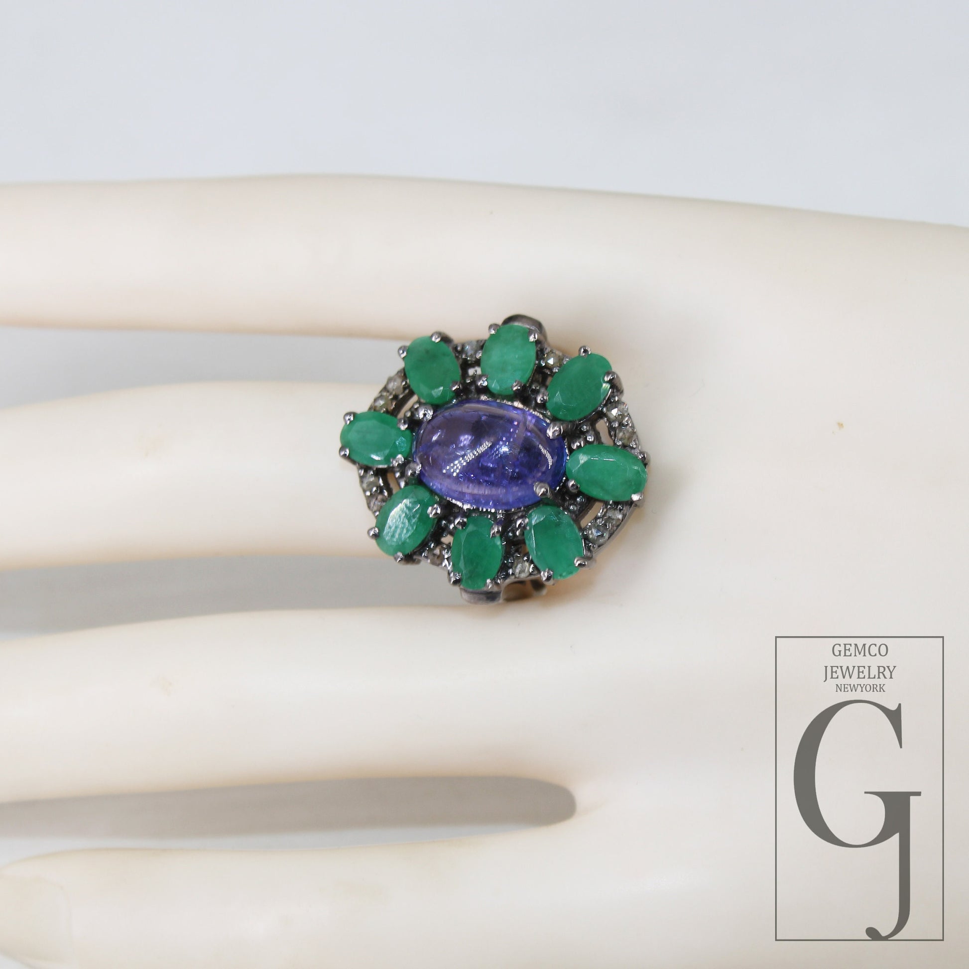 Oxidized finish look tanzanite emerald ring designer Rosecut pave diamond rings 925 sterling silver handmade silver finish diamond ring