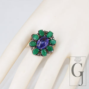 Oxidized finish look tanzanite emerald ring designer Rosecut pave diamond rings 925 sterling silver handmade silver finish diamond ring