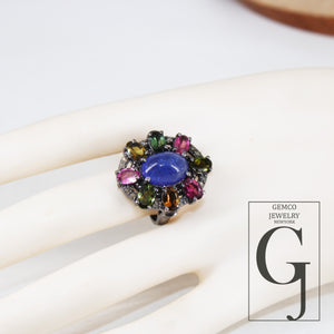 Oxidized finish tanzanite multi tourmaline ring designer Rosecut pave diamond rings 925 sterling silver handmade silver finish diamond ring