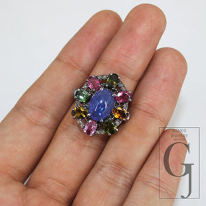 Oxidized finish tanzanite multi tourmaline ring designer Rosecut pave diamond rings 925 sterling silver handmade silver finish diamond ring