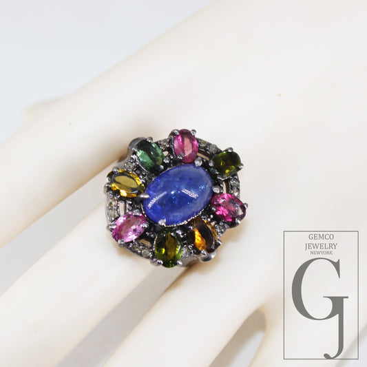 Oxidized finish tanzanite multi tourmaline ring designer Rosecut pave diamond rings 925 sterling silver handmade silver finish diamond ring