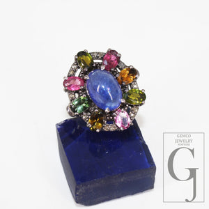 Oxidized finish tanzanite multi tourmaline ring designer Rosecut pave diamond rings 925 sterling silver handmade silver finish diamond ring