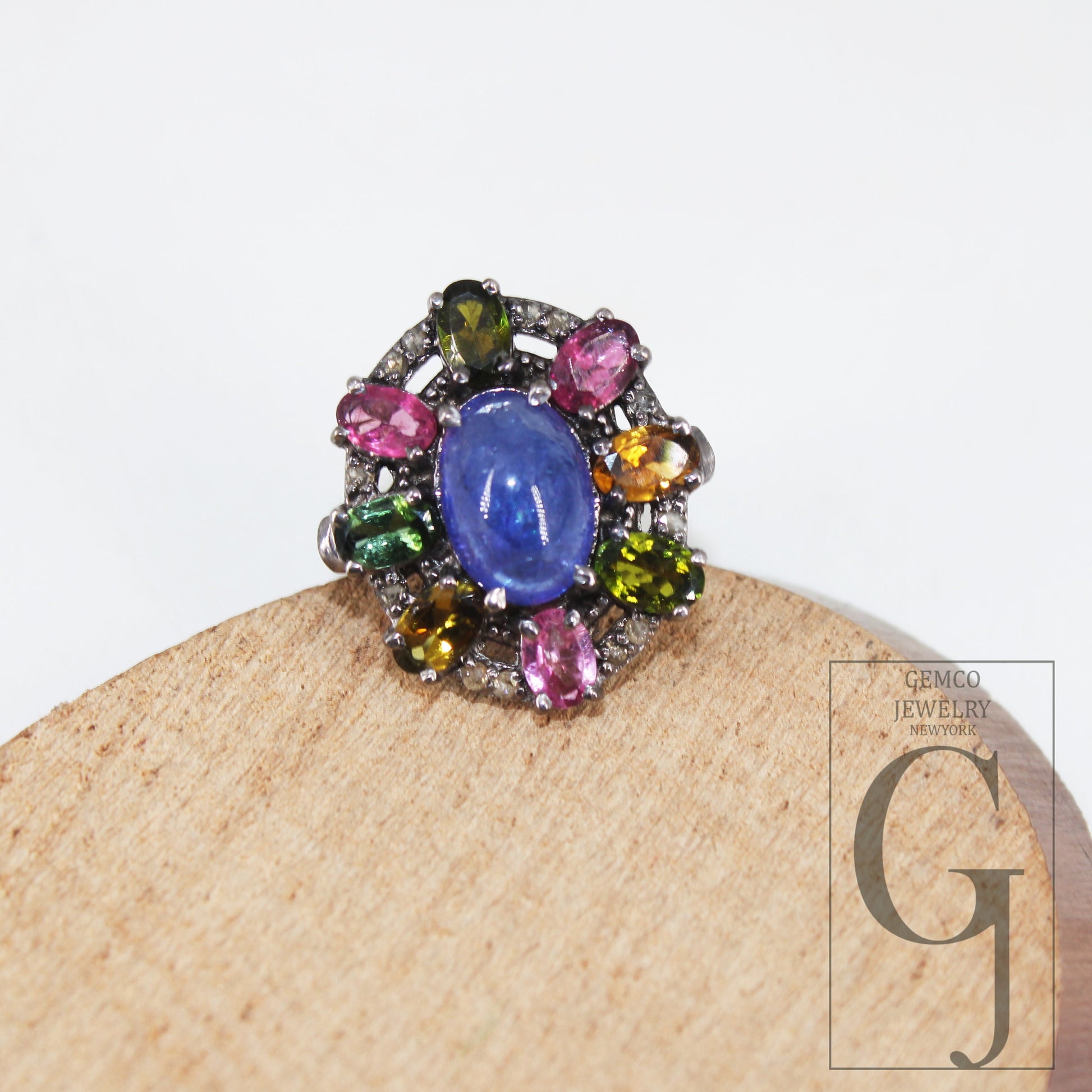 Oxidized finish tanzanite multi tourmaline ring designer Rosecut pave diamond rings 925 sterling silver handmade silver finish diamond ring