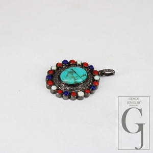 Beautiful Turquoise Designer Pendant Rosecut Pave Diamond Pendant 925 Sterling Silver Handmade Finish Diamond Charms Necklace Pendant
