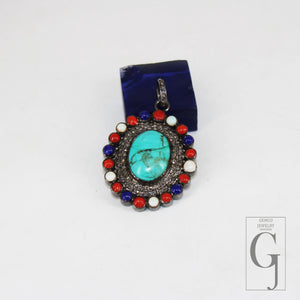 Beautiful Turquoise Designer Pendant Rosecut Pave Diamond Pendant 925 Sterling Silver Handmade Finish Diamond Charms Necklace Pendant