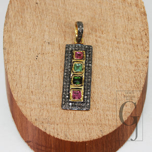 Beautiful multi tourmaline pendant designer Rosecut pave diamond pendant 925 sterling silver handmade finish diamond charms necklace pendant