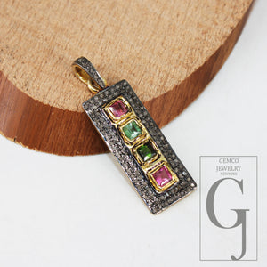 Beautiful multi tourmaline pendant designer Rosecut pave diamond pendant 925 sterling silver handmade finish diamond charms necklace pendant