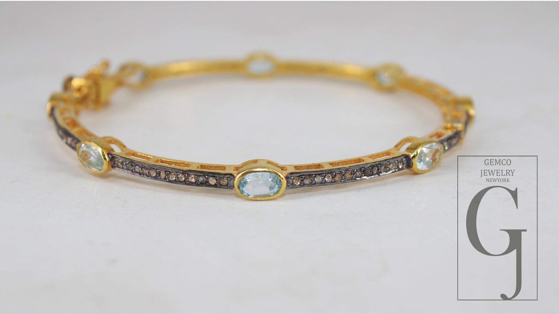 14k Gold Finish Blue Topaz Designer Bangle Rosecut Pave Diamond Bangle Bracelet 925 Sterling Silver Handmade Finish Diamond Bangle Bracelet