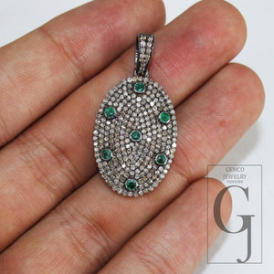 Beautiful Emerald Oval Designer Brilliant Cut Pave Diamond Pendant 925 Sterling Silver Handmade Finish Diamond Charms Necklace Pendant