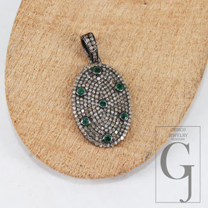 Beautiful Emerald Oval Designer Brilliant Cut Pave Diamond Pendant 925 Sterling Silver Handmade Finish Diamond Charms Necklace Pendant