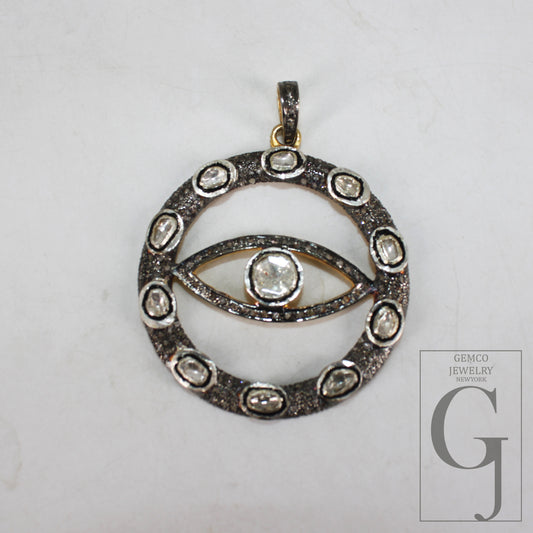Antique Victorian Look Evil Eye Pendant Rosecut Pave Flat Cut Diamond Pendant 925 Sterling Silver Handmade Finish Diamond Necklace Pendant