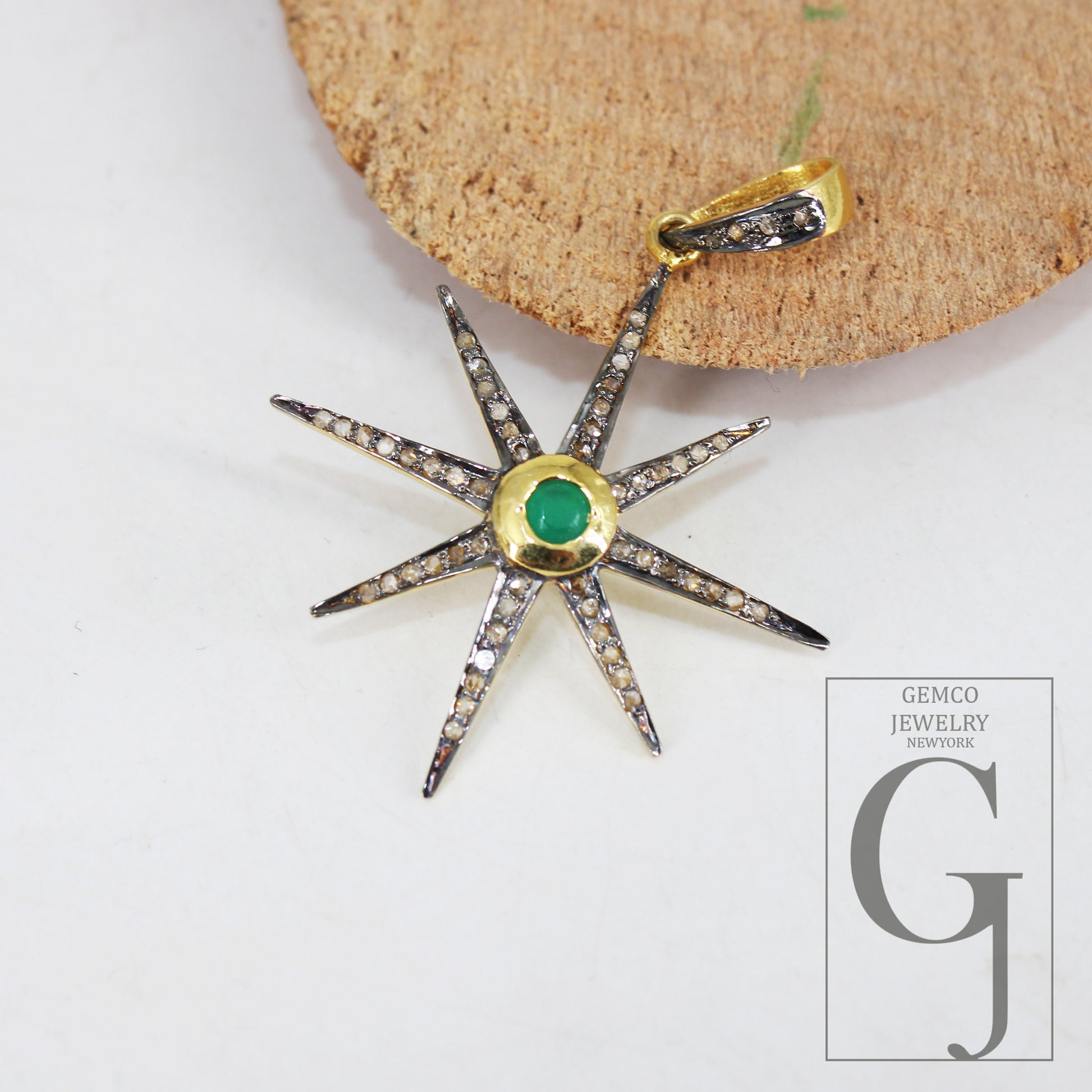 Starburst emerald pendant Pave diamond rosecut pendant 925 sterling silver pendant handmade pendant Diamond Star Rose Cut Charm pendant
