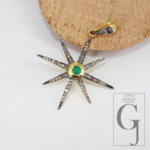 Starburst emerald pendant Pave diamond rosecut pendant 925 sterling silver pendant handmade pendant Diamond Star Rose Cut Charm pendant