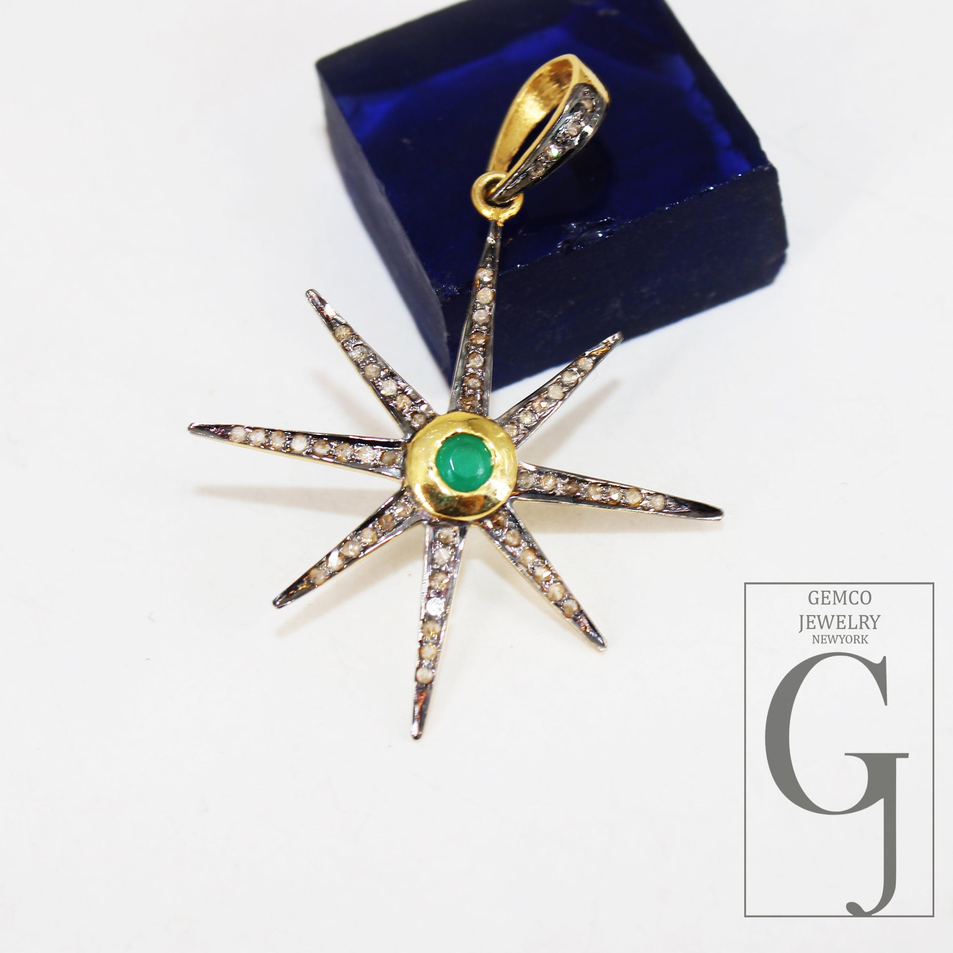 Starburst emerald pendant Pave diamond rosecut pendant 925 sterling silver pendant handmade pendant Diamond Star Rose Cut Charm pendant