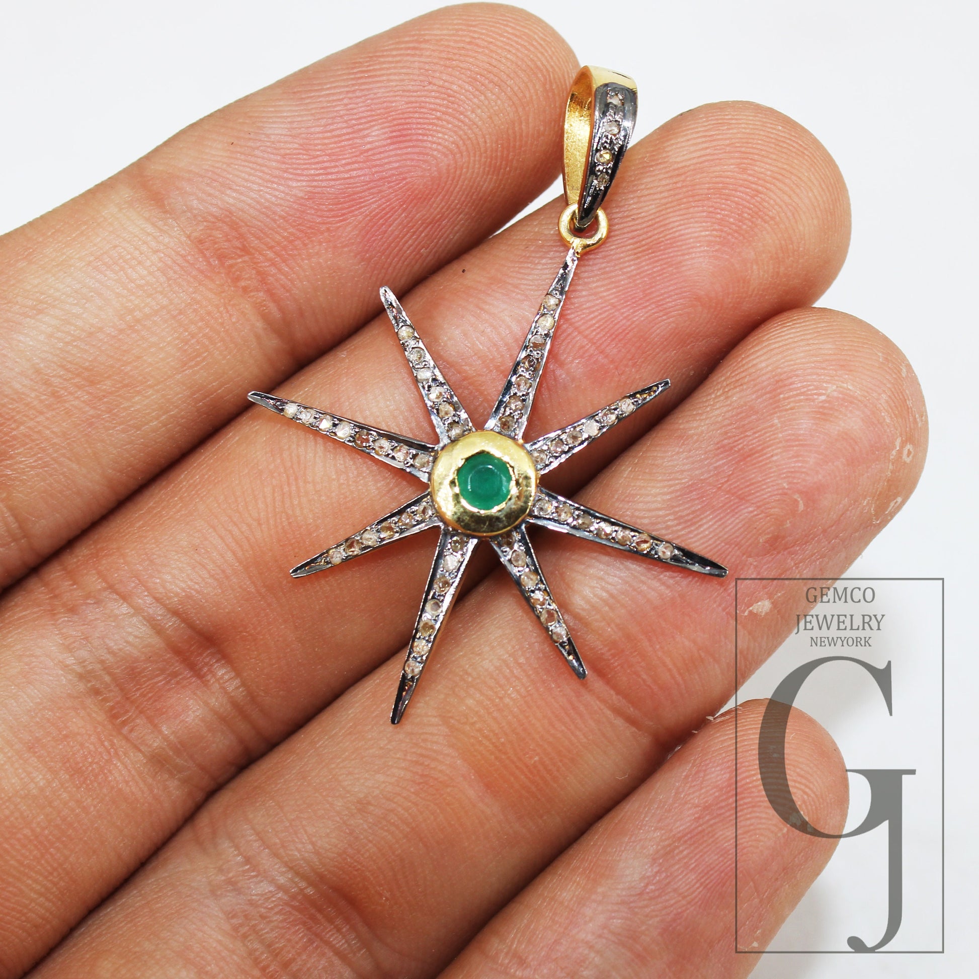 Starburst emerald pendant Pave diamond rosecut pendant 925 sterling silver pendant handmade pendant Diamond Star Rose Cut Charm pendant