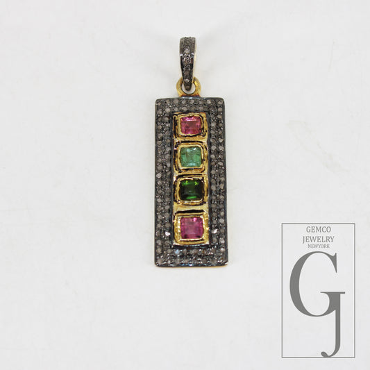 Beautiful multi tourmaline pendant designer Rosecut pave diamond pendant 925 sterling silver handmade finish diamond charms necklace pendant