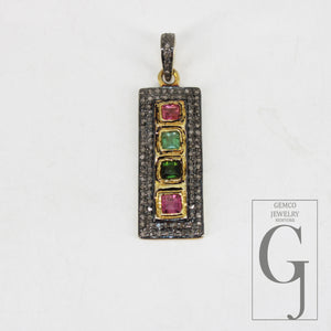 Beautiful multi tourmaline pendant designer Rosecut pave diamond pendant 925 sterling silver handmade finish diamond charms necklace pendant