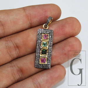 Beautiful multi tourmaline pendant designer Rosecut pave diamond pendant 925 sterling silver handmade finish diamond charms necklace pendant