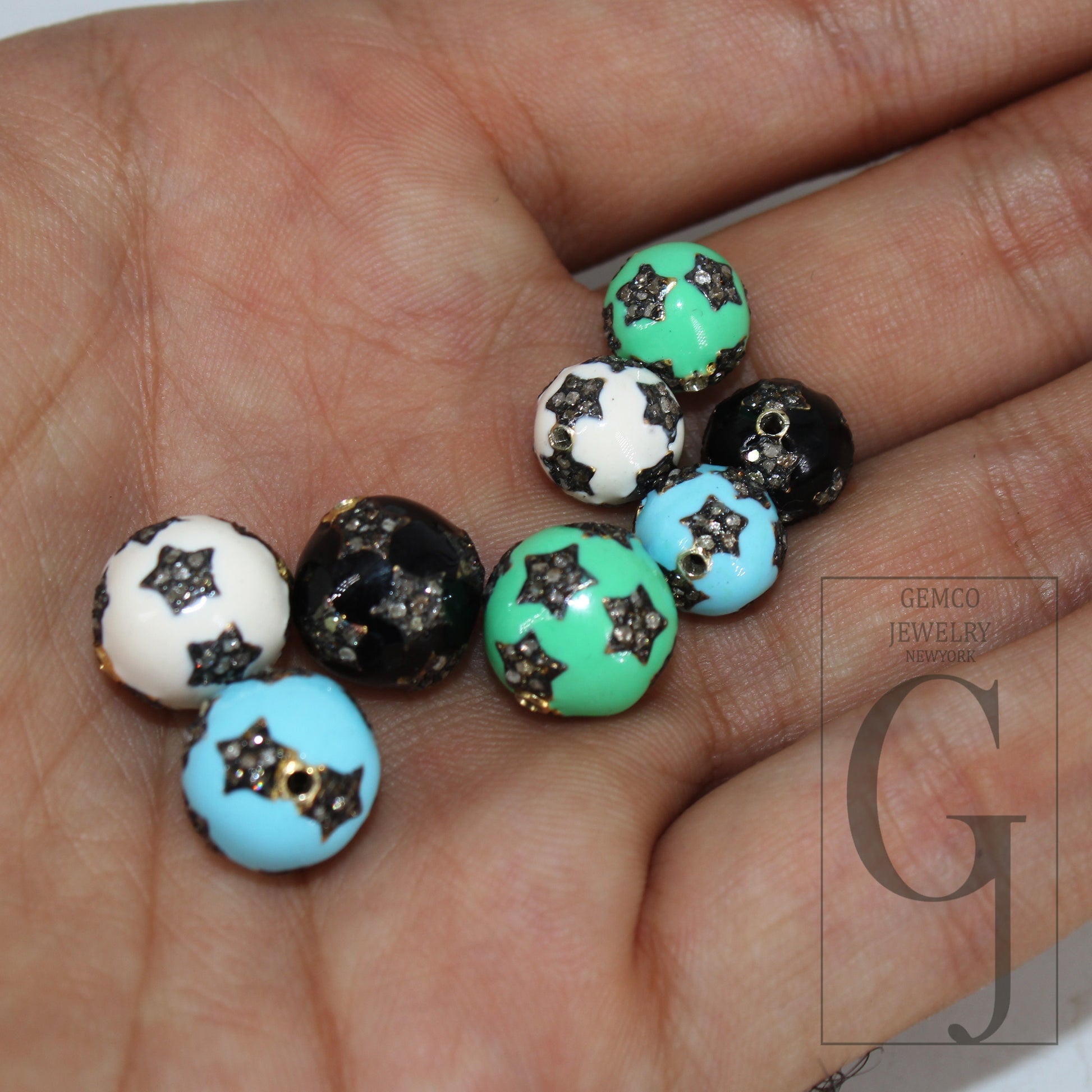 12mm 8mm Size Enameling Designer Star Beads Rosecut Pave Diamond Bead 925 Sterling Silver Handmade Finish Enameling Beads Diamond Bead