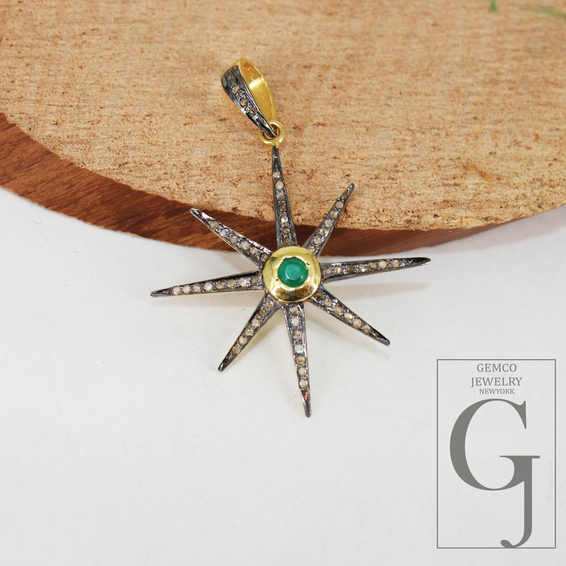 Starburst emerald pendant Pave diamond rosecut pendant 925 sterling silver pendant handmade pendant Diamond Star Rose Cut Charm pendant