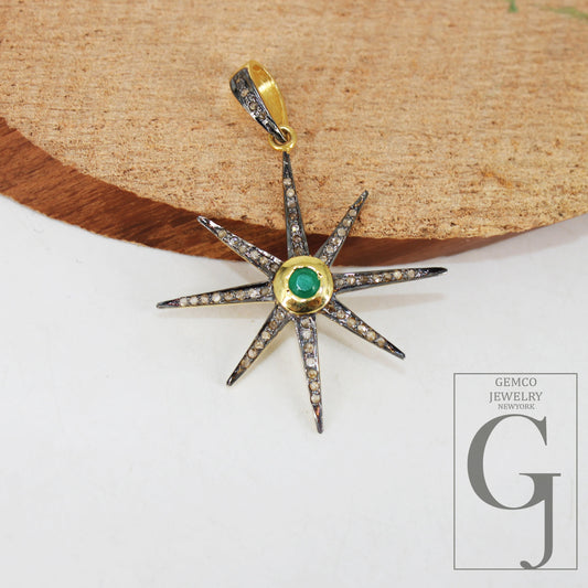 Starburst emerald pendant Pave diamond rosecut pendant 925 sterling silver pendant handmade pendant Diamond Star Rose Cut Charm pendant
