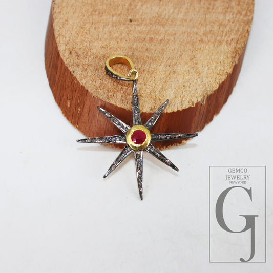 Starburst ruby red pendant Pave diamond rosecut pendant 925 sterling silver pendant handmade pendant Diamond Star RoseCut Charm pendant