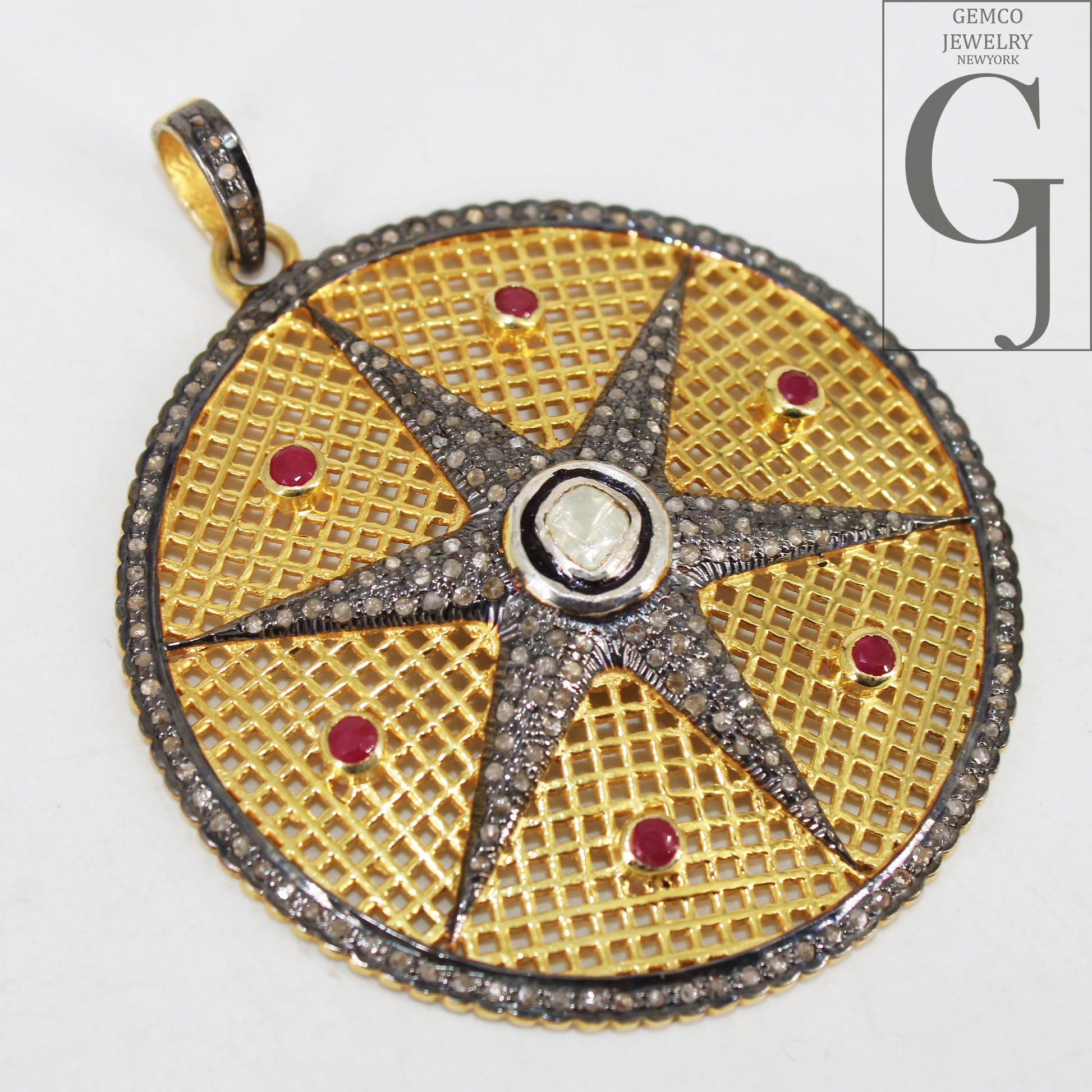 Starburst Ruby Red Pendant Pave Diamond Rosecut Pendant 925 Sterling Silver Pendant Handmade Pendant Diamond Star Rose Cut Charm Pendant