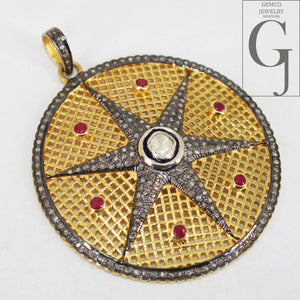 Starburst Ruby Red Pendant Pave Diamond Rosecut Pendant 925 Sterling Silver Pendant Handmade Pendant Diamond Star Rose Cut Charm Pendant