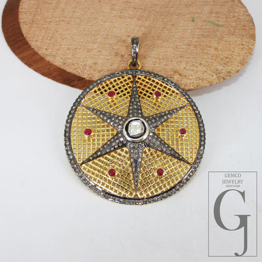 Starburst Ruby Red Pendant Pave Diamond Rosecut Pendant 925 Sterling Silver Pendant Handmade Pendant Diamond Star Rose Cut Charm Pendant